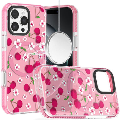 Phone Case for Apple iPhone 16 Pro Max Magnetic Hybrid IMD Floral Compatible with MagSafe Shockproof Slim Hybrid Fashion Design TPU Protective Cover Cherry Sprinkle on Pink