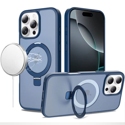 Phone Case for iPhone 16 Pro Max (6.9") Magnetic Ring Stand Full Rotation Matte Shockproof Grip Anti Slip Durable Camera Protection Hybrid Cover Blue