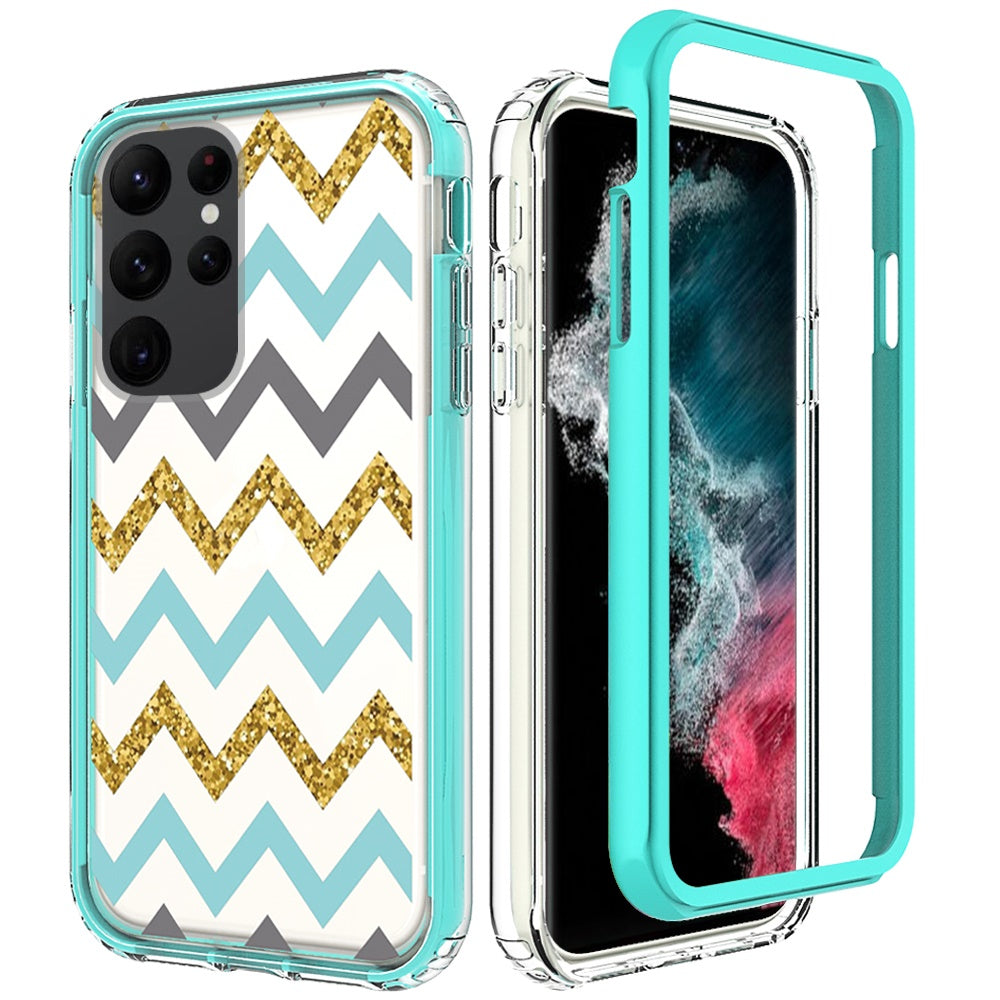 For Samsung Galaxy S23+ / S23 Plus Beautiful Design Hybrid Shockproof Protection Durable Grip Stylish Finish Hrad PC + TPU Case Cover Teal Chevron