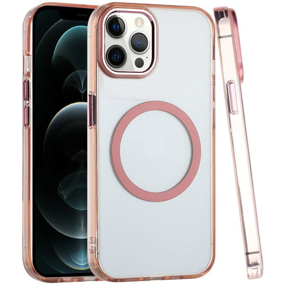 For Apple iPhone 12 Pro Max Transparent Back Hybrid Case - Magnetic Circle, Color Frame, Metal Buttons, MagSafe Compatible Case Cover