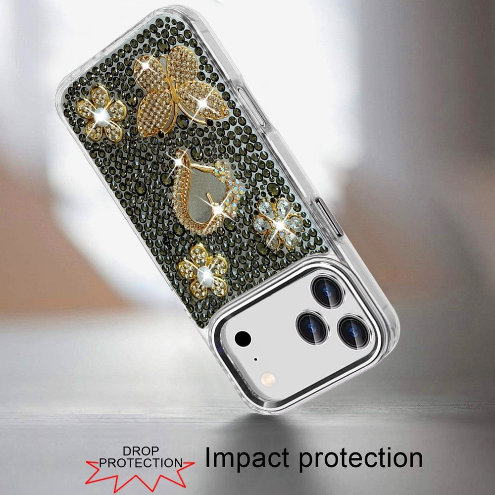 Phone Case for Apple iPhone 18 Pro Max/ iPhone 17 Pro Max Luxury Crystal Butterfly Floral Jeweled Heart Full Diamond Design, Sparkling Decorative Details, Elegant Style Cover