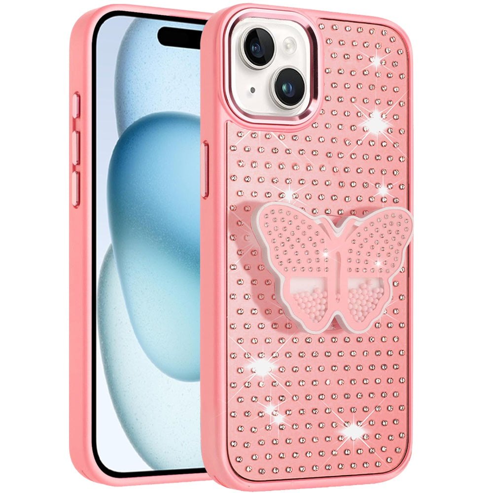 Phone Case for Apple iPhone 15 Butterfly Grip Pop Stand Diamond Sparkle Hybrid Shockproof Metal Button Slim Protective Grip Decorative Design Cover