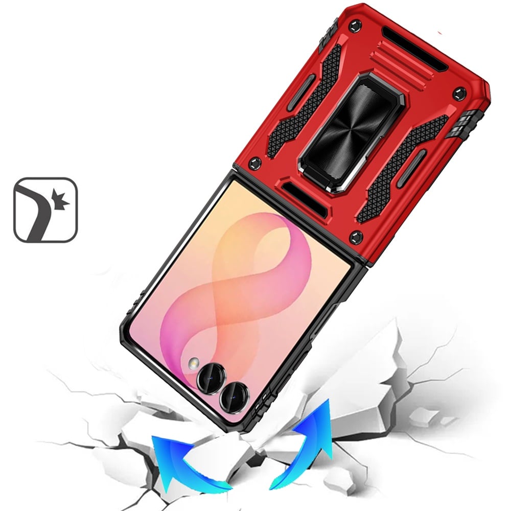 Phone Case for Samsung Galaxy Z Flip 8 Tough Metal Ring Shockproof Sliding Camera Window Hybrid Armor Rugged Anti Slip Heavy Duty Grip Cover