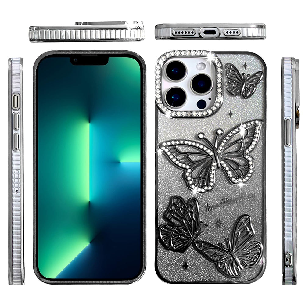 For Apple iPhone 13 Pro Max Luxury Butterfly Sparkle Glitter Diamond Crystal Rhinestone Shimmer Bling Plating Thick TPU Hard PC Case Cover