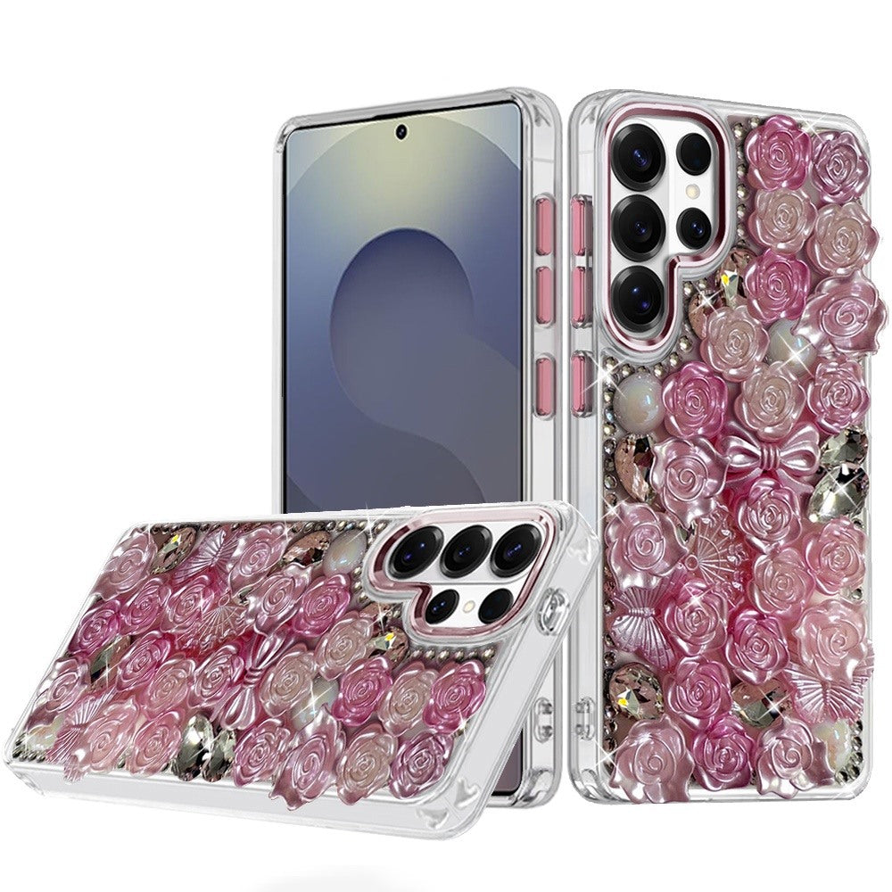 For Samsung Galaxy S25 Ultra Muti-Color Floral Fashion Bling Crystal 3D Full Diamonds Stones Sparkle Rhinestone Glitter Hybrid Case Cover