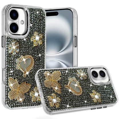 Phone Case for Apple iPhone 16 Plus Luxury Crystal Butterfly Floral Jeweled Heart Full Diamond Design, Sparkling Decorative Details, Elegant Style Cover Black