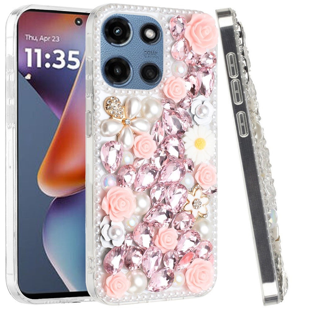 Phone Case for Motorola Moto G 5G 2026/ 2025 Rose Flower Full Diamond Bling Rhinestone Glitter Luxury Stylish Sparkle Protective Designer Hybrid Cover