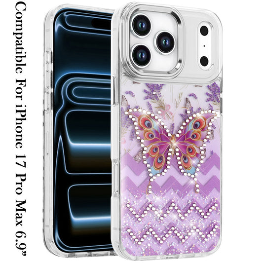 Phone Case for Apple iPhone 17 Pro Max Butterfly Resin Epoxy Diamond Bling Metal Edge Shockproof Hybrid Luxury Protective Durable Stylish Fashion Grip Cover