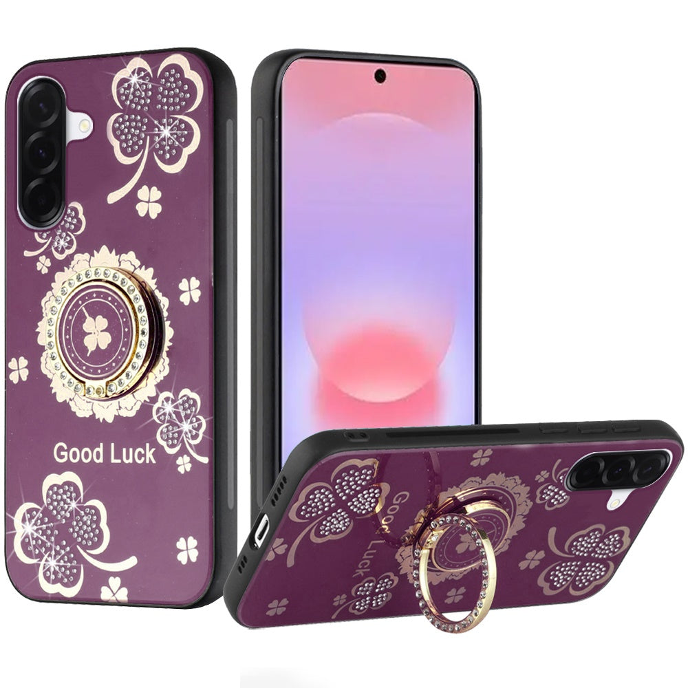 Phone Case for Samsung Galaxy A37 / A36 Diamond Glitter Butterfly Engraved Ring Stand Luxury Bling Hybrid Shockproof Chrome Edge Protective Durable Grip Cover Purple