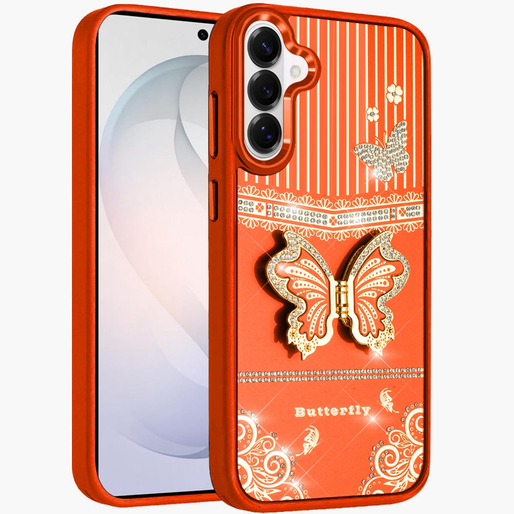For Samsung Galaxy S26 Glitter 3D Butterfly Design Bling Metallic Edge Hybrid Stand Drop Protection TPU Shockproof Case Cover Cosmic Orange