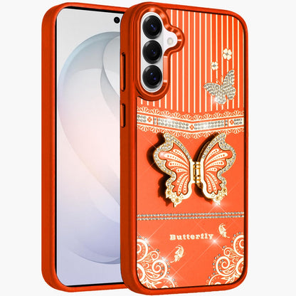 For Samsung Galaxy S26 Glitter 3D Butterfly Design Bling Metallic Edge Hybrid Stand Drop Protection TPU Shockproof Case Cover Cosmic Orange