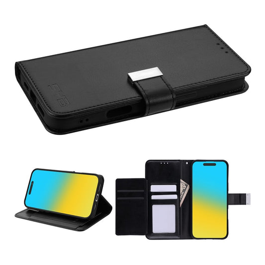For Leather Wallet Folio Case with Credit Card Slots Pouch Cover for Apple iPhone 16 Pro - Black Case Cover Black