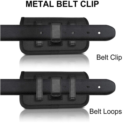 For Apple iPhone 16 Pro (6.3") Nylon Canvas Fabric Waist Belt Holster Horizontal Pouch Holds Large Phone Works with Thick Cases Universal Cover [Black]