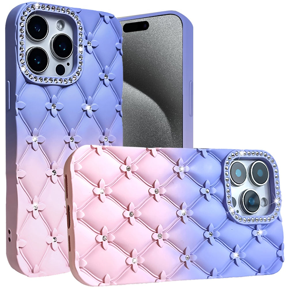 For Apple iPhone 15 Pro Max Fashion Flower Design Sparkle Glitter Shimmer Rhinestone Bling Floral Accents, Leather Texture TPU Case Cover