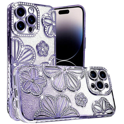 For Apple iPhone 14 / iPhone 13 (6.1") Luxury Floral Design Sparkle Glitter Diamond Crystal Rhinestone Shimmer Bling Plating Thick TPU Hard PC Case Cover