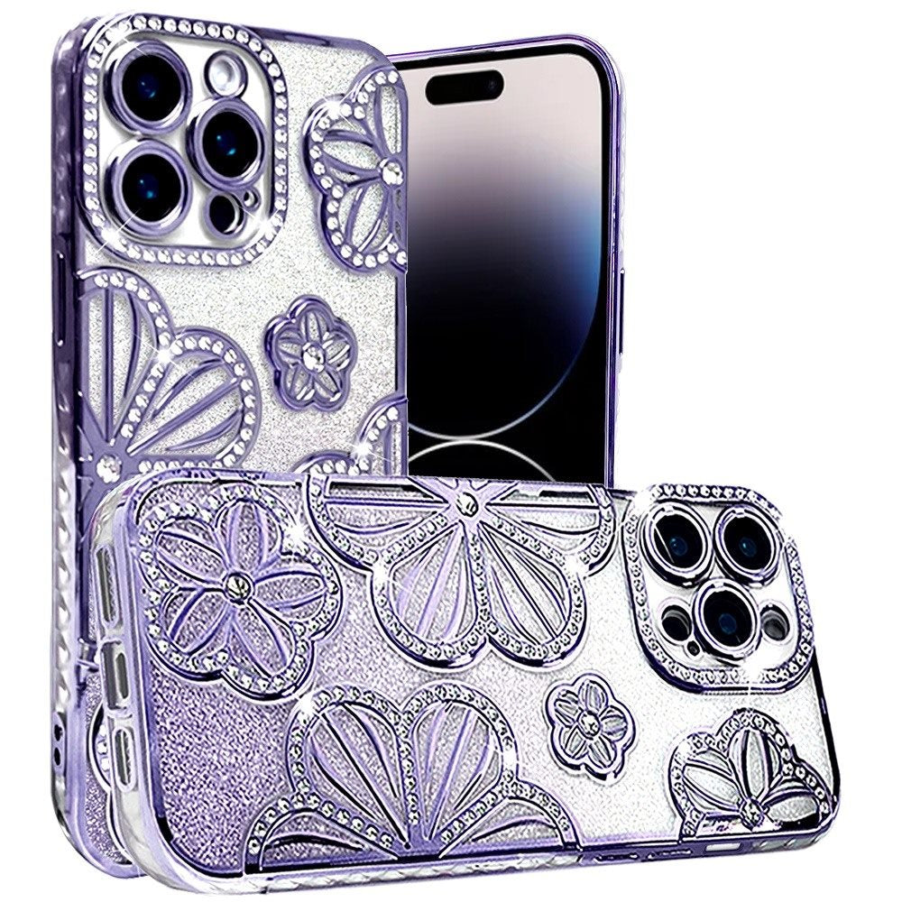 For Apple iPhone 15 Pro Max Luxury Floral Design Sparkle Glitter Diamond Crystal Rhinestone Shimmer Bling Plating Thick TPU Hard PC Case Cover