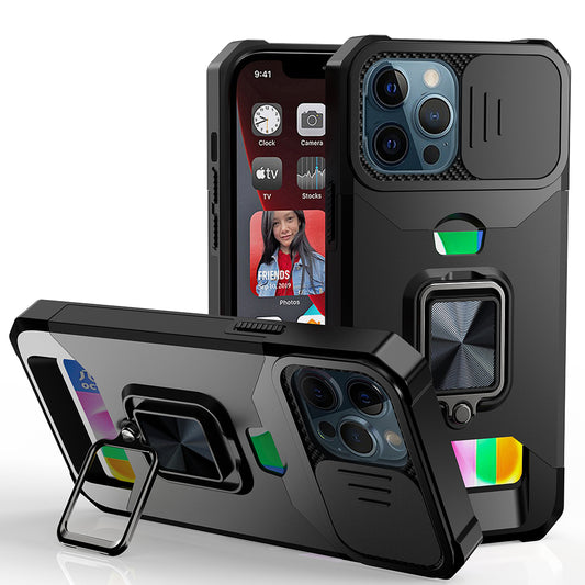 For iPhone 14 Pro Max (6.7") Wallet Case with Ring Stand & Slide Camera Cover Back Credit Card Slot Holder, Military Grade Case Cover Black
