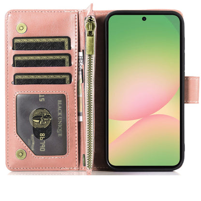 Phone Case for Samsung Galaxy A57 Luxury Leather Wallet Card Holder Zipper Pocket Money Storage Protective Grip Design with Strap Cover Pink