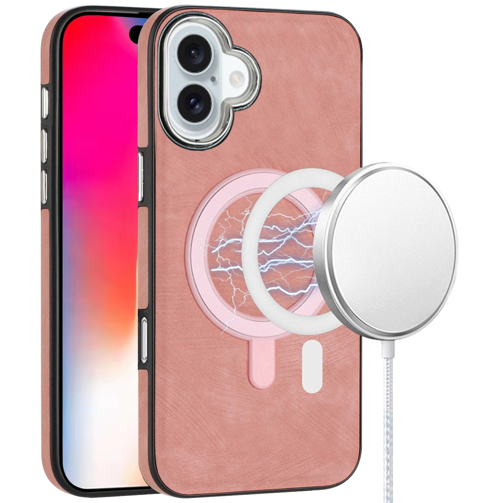 For Apple iPhone 16 (6.1") PU Vegan Leather Chrome Edged Hybrid Hard PC TPU Rubber Compatible with MagSafe Case Cover