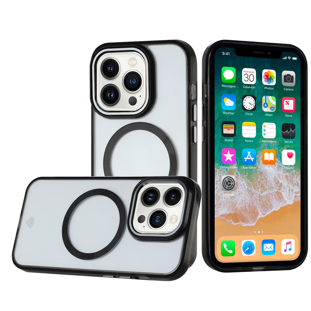 For Apple iPhone 16 Pro Max (6.9") Transparent Hybrid Circle Ring Magnetic Compatible with MagSafe Color Frame Metal Buttons Case Cover