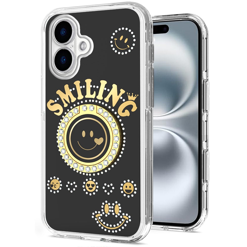 For Apple iPhone 17E /16E Smiling Glitter Bling Ornament Hybrid Shockproof Stylish Sparkle Design Secure Grip Durable Protection Case Cover Black