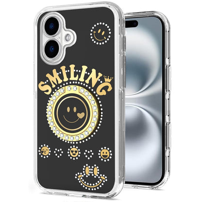 For Apple iPhone 17E /16E Smiling Glitter Bling Ornament Hybrid Shockproof Stylish Sparkle Design Secure Grip Durable Protection Case Cover Black