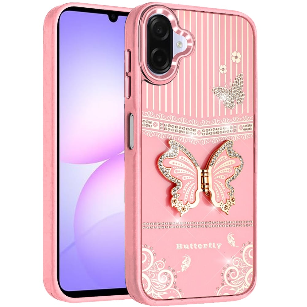 For Samsung Galaxy A07 Glitter 3D Butterfly Design Bling Metallic Edge Hybrid Stand Drop Protection TPU Shockproof Case Cover