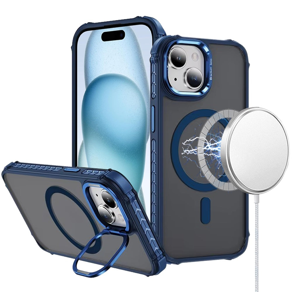 For Apple iPhone 16 Plus (6.7") Hybrid Metal Camera Stand Ring Sturdy, Compatible with MagSafe, Matte Hard TPU Colorful Edge Case Cover