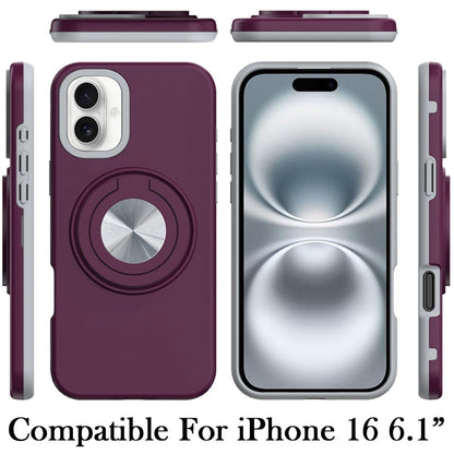 Phone Case for iPhone 16 Shockproof Magnetic Ring Stand Rotating CarMount Hybrid Metal Matte Finish AntiSlip Grip Kickstand Cover Red