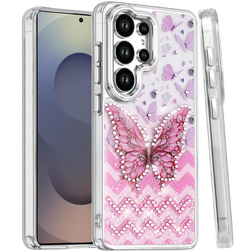 For Samsung Galaxy S25 Ultra Butterfly Resin Epoxy Diamond Design Metal Edged Hybrid Shockproof Heavy Duty Drop Protection Case Cover