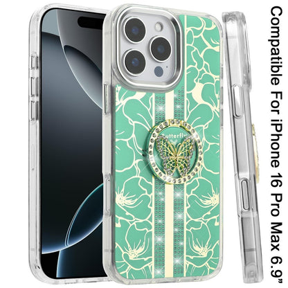 Phone Case for Apple iPhone 16 Pro Max Floral Butterfly Ring Stand Glitter Bling Shockproof Hybrid Luxury Fashion Protective Anti Slip Durable Grip Cover