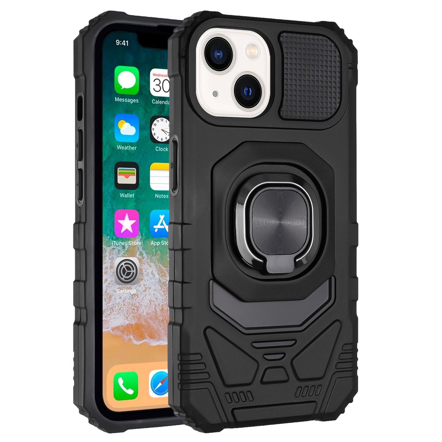 For Apple iPhone 16 Pro (6.3") Hybrid Dual Layer with Rotate Magnetic Ring Stand Holder Kickstand, Rugged Shockproof Case Cover