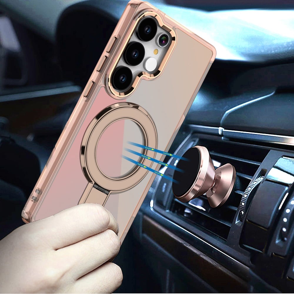 Phone Case for Samsung Galaxy S25 Ultra Chrome Magnetic Ring Stand Rotational Shockproof Hybrid Kickstand Metal Finish Rugged Drop Protection Armor Cover