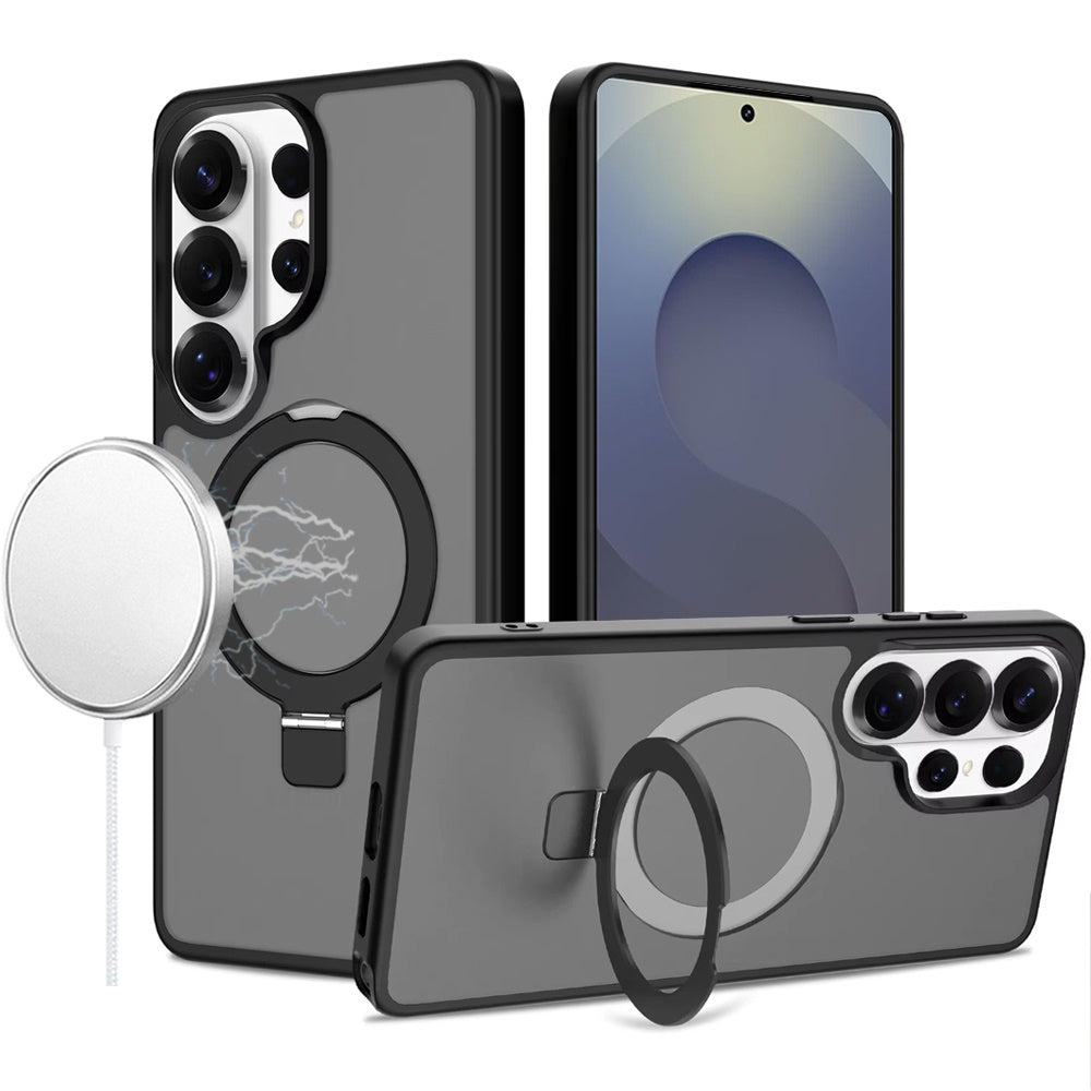 For Samsung Galaxy S26 Ultra Magnetic Circle Back with Ring Stand Full Rotation Matte Hybrid Shockproof Case Cover