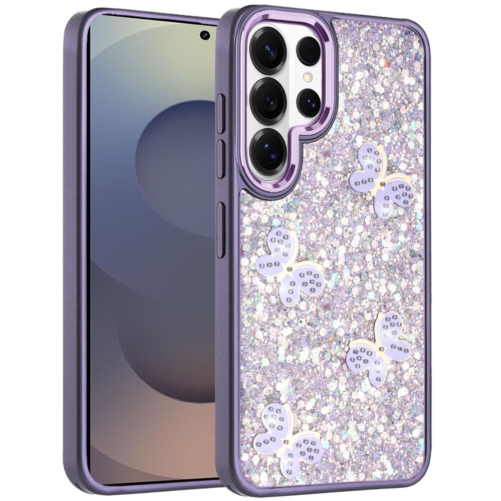 For Samsung Galaxy S26 Ultra Cute Butterfly Crystal Diamond Glitter Case Sparkle Bling Frame Metallic Edges, Shimmer TPU Hybrid Case Cover