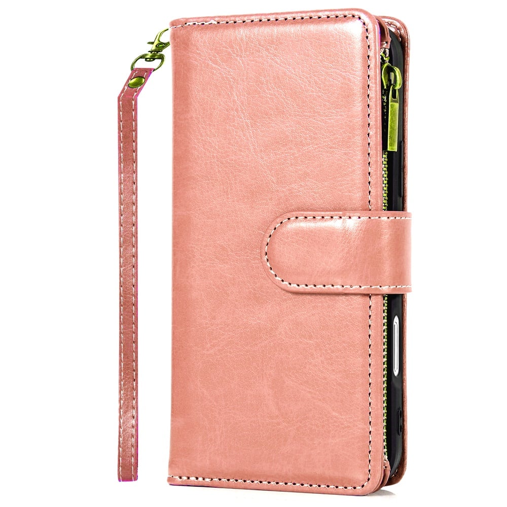 For Apple iPhone 11 Leather Wallet Case with Zipper, 9 Card Slots, Cash Pocket, Stand & Strap, Clutch Pouch Design Case Cover Rose Gold