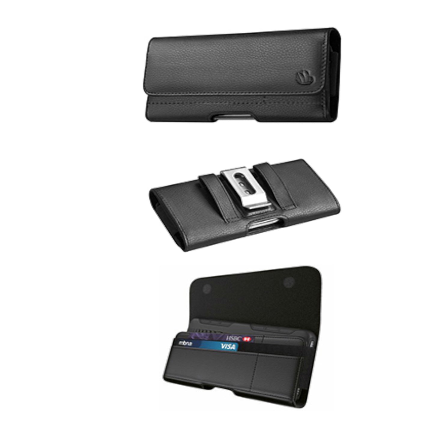 For Apple iPhone 16 Pro (6.3") Universal Leather Horizontal Holster Pouch with Credit Card Slots Wallet & Belt Loop Clip Carrying (Fit up to 6.7" Screen) [Black]