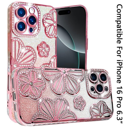 For Apple iPhone 16 Pro Luxury Flower Design Sparkle Glitter Diamond Rhinestone Shimmer Bling Plating Thick TPU Hard PC Case Cover