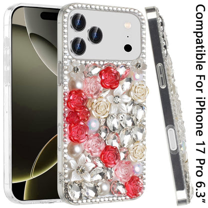 Phone Case for Apple iPhone 17 Pro Rose Flower Full Diamond Bling Rhinestone Glitter Luxury Stylish Sparkle Protective Designer Hybrid Cover