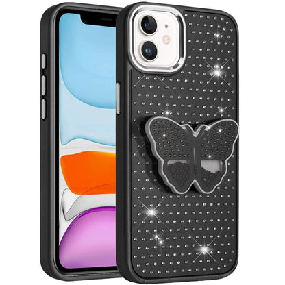 Phone Case for Apple iPhone 11 Butterfly Grip Pop Stand Diamond Sparkle Hybrid Shockproof Metal Button Slim Protective Grip Decorative Design Cover