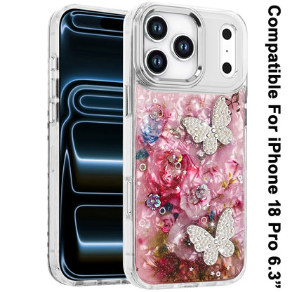 Phone Case for Apple iPhone 18 Pro/ 17 Pro Glitter Butterfly Design Metal Buttons Shockproof Hybrid TPU + PC Durable Protective Slim Grip Stylish Cover