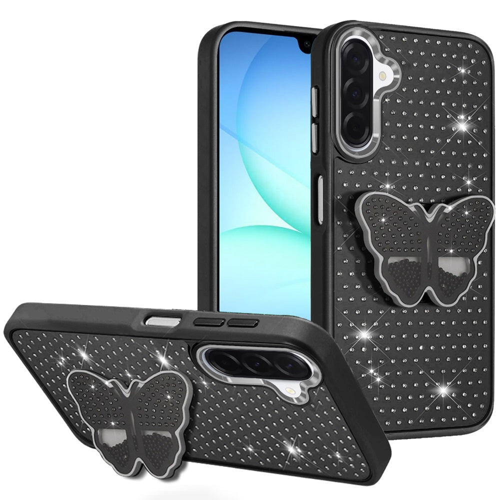 Phone Case for Samsung Galaxy A17 5G Butterfly Grip Pop Stand Diamond Sparkle Hybrid Shockproof Metal Button Slim Protective Grip Decorative Design Cover