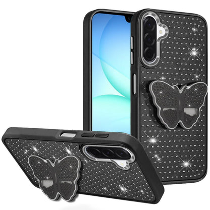 Phone Case for Samsung Galaxy A17 5G Butterfly Grip Pop Stand Diamond Sparkle Hybrid Shockproof Metal Button Slim Protective Grip Decorative Design Cover