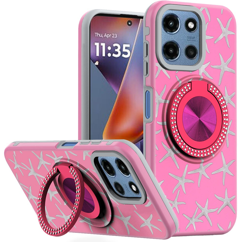 Phone Case for Motorola Moto G Play 5G 2026 Magnetic Ring Stand Matte Metal Hybrid Car Mount Friendly Shockproof Rotational Grip Diamond Design Pattern Cover