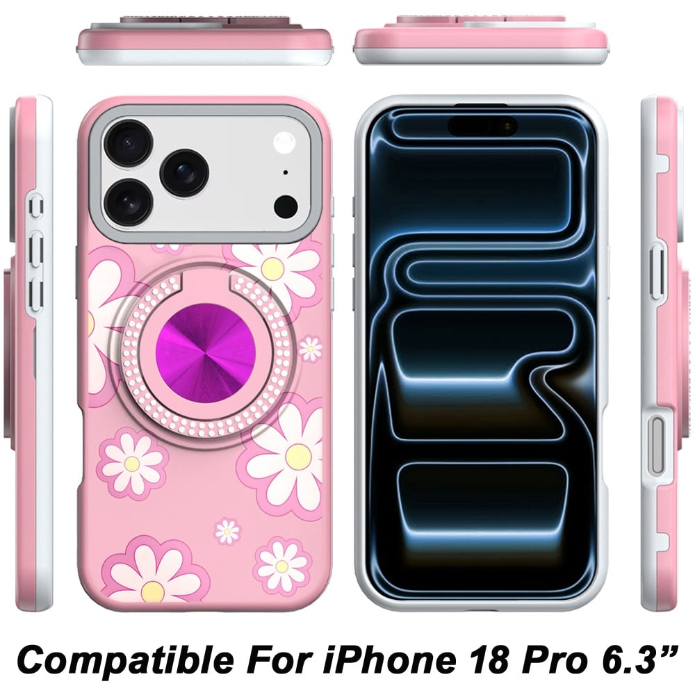 Phone Case for Apple iPhone 18 Pro Magnetic Ring Stand Matte Metal Hybrid Car Mount Friendly Shockproof Rotational Grip Diamond Design Pattern Cover