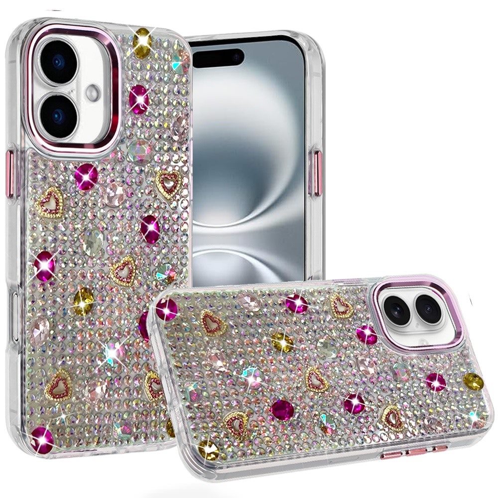 Phone Case for Apple iPhone 16 Chrome Fashion Hybrid Bling Diamond Heart Rhinestone Decorative Stones Sparkling Embellished Design Cover Pink