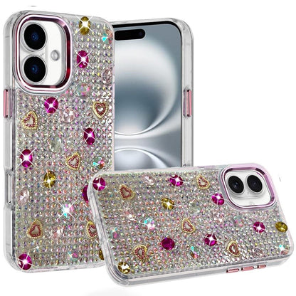 Phone Case for Apple iPhone 16 Chrome Fashion Hybrid Bling Diamond Heart Rhinestone Decorative Stones Sparkling Embellished Design Cover Pink