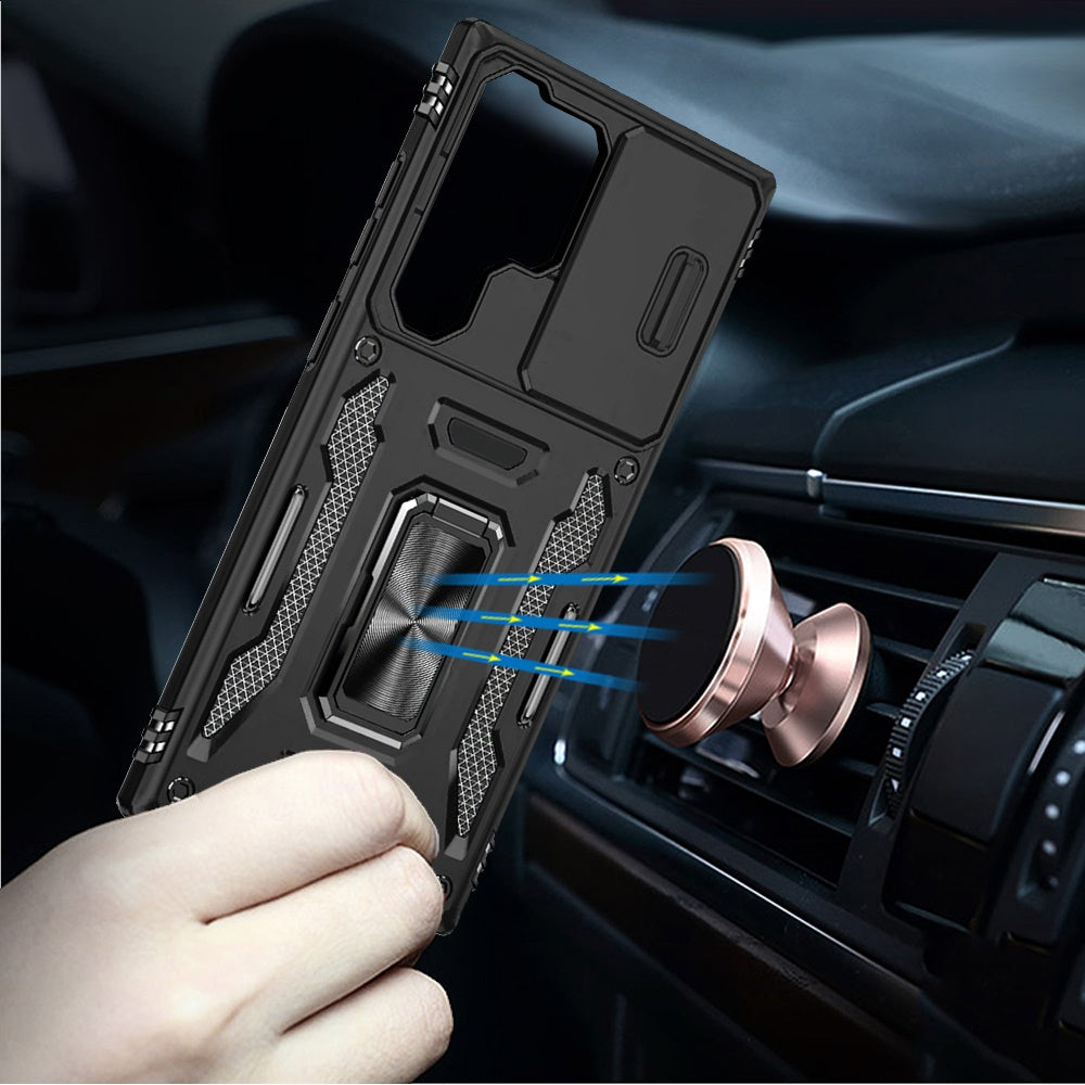 Phone Case for Samsung Galaxy S24 Ultra Tough Metal Ring Shockproof Sliding Camera Window Hybrid Armor Rugged Anti Slip Heavy Duty Grip Cover Black