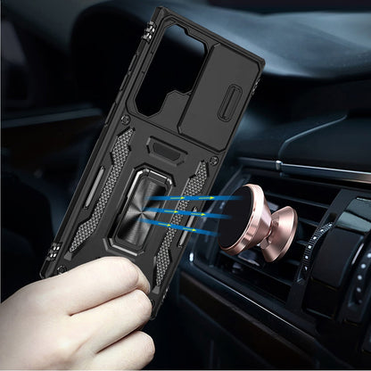 Phone Case for Samsung Galaxy S24 Ultra Tough Metal Ring Shockproof Sliding Camera Window Hybrid Armor Rugged Anti Slip Heavy Duty Grip Cover Black