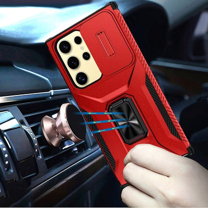 For Samsung Galaxy S23 Ultra Case, Camera Cover with Magnetic Rotation Ring Stand, Military Grade Hybrid Hard TPU Shockproof Case Cover Red